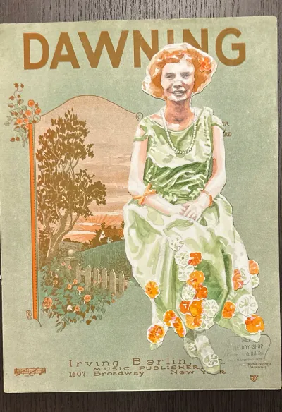 Dawning, a finished portrait collaged onto vintage sheet music